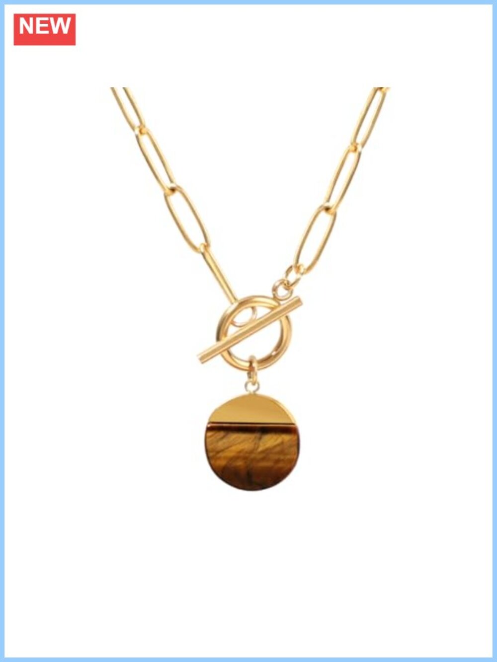 12mm Tiger's Eye Round Pendant Paperclip Toggle Necklace 18K Gold Plated